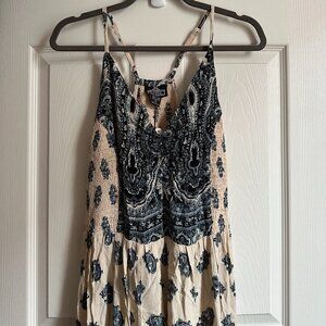 Angie Boho Paisley Strappy Maxi Dress with Slits, Cream Blue Black, 1X - NWT